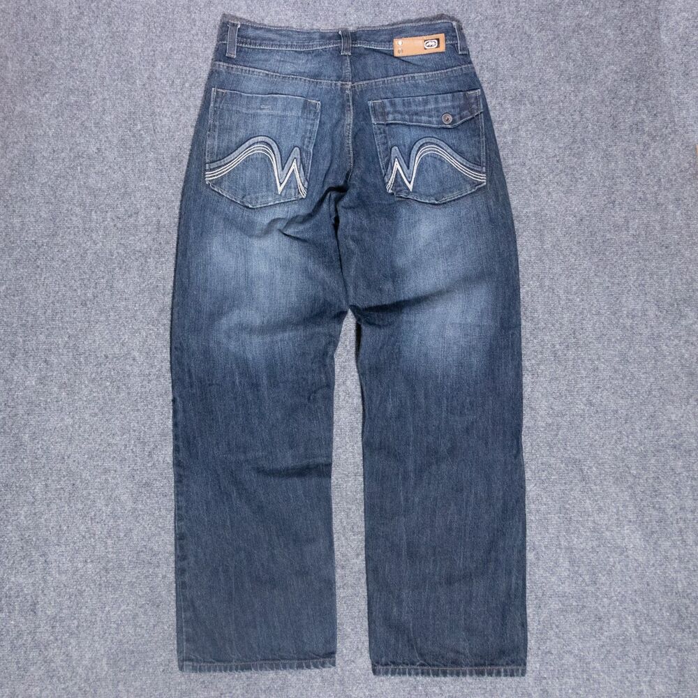 Ecko UNLTD Baggy Wide Leg Blue Denim Jeans Embroidered Pockets 32x31 y2k Skater